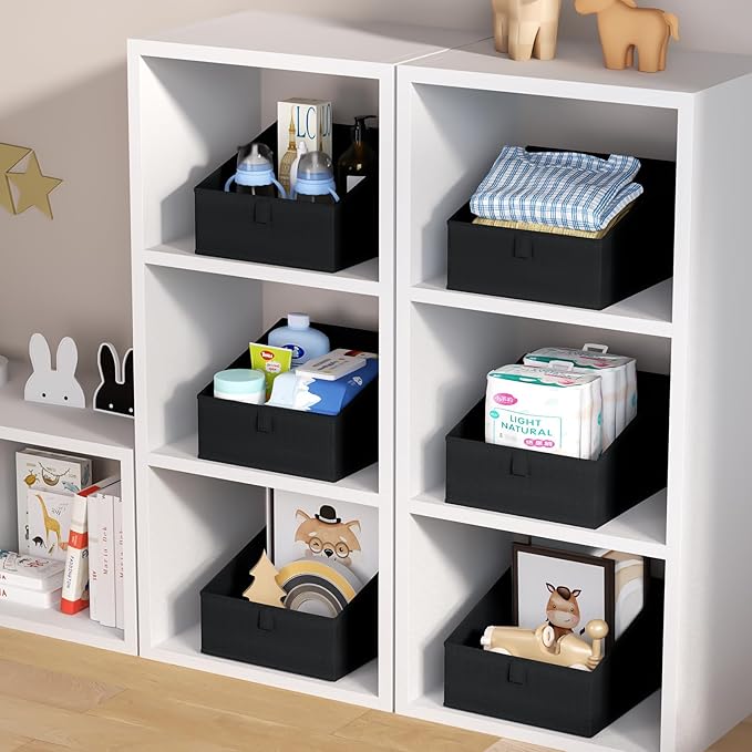 DIMJ Trapezoid Storage Bins for closet shelves, Closet Organzier Bins with Handle, Foldable Closet Storage Bins Basket, Closet Organizers and Storage for Toys, Books, 6 Packs, Black-NeatNest