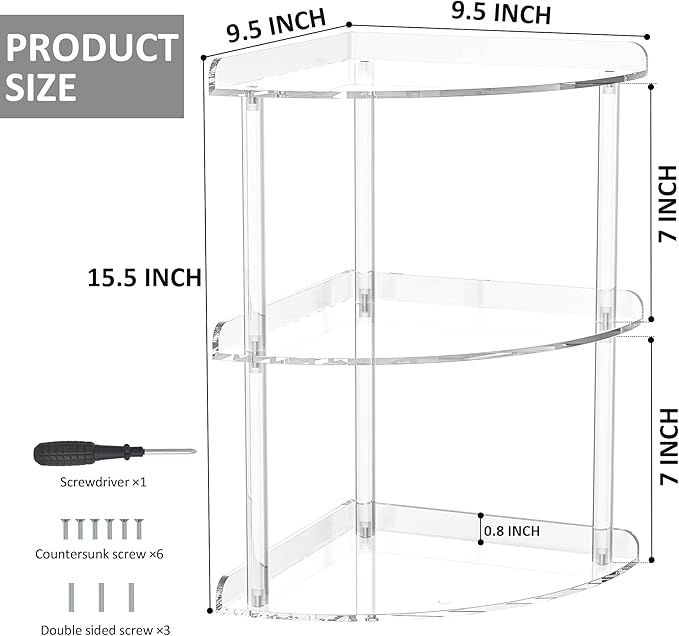 3 Tier Acrylic Corner Shelf Organizer Storage 9.5x9.5x15.7 Inch, Transparent Countertop Corner Shelf for Bathroom, Kitchen, Bedroom, Office, Study Room-NeatNest