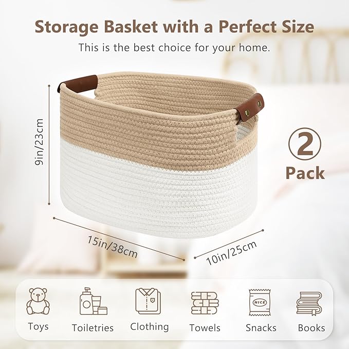 Cotton Rope Basket , Storage Baskets with Handle, 15x10x9 Inch Woven Basket for Shelves, Laundry, Towels, Clothes, Books, Toys (White/Beige 2Pack)-NeatNest