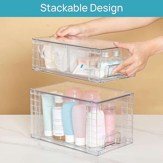Vtopmart 6 Pack Clear Stackable Storage Drawers,Easy to Assemble Bathroom Organizers and Storage with handles,Plastic Drawers for Kitchen Pantry,Cabinet,Under Sink Organization-NeatNest