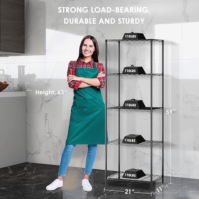 5 Tier Wire Shelving Unit, Adjustable Wire Rack Shelving, Changeable Metal Wire Storage Shelves for Kitchen, Laundry, Bathroom, Balcony, Pantry (11.4" D x 21.3" W x 59" H, Black)