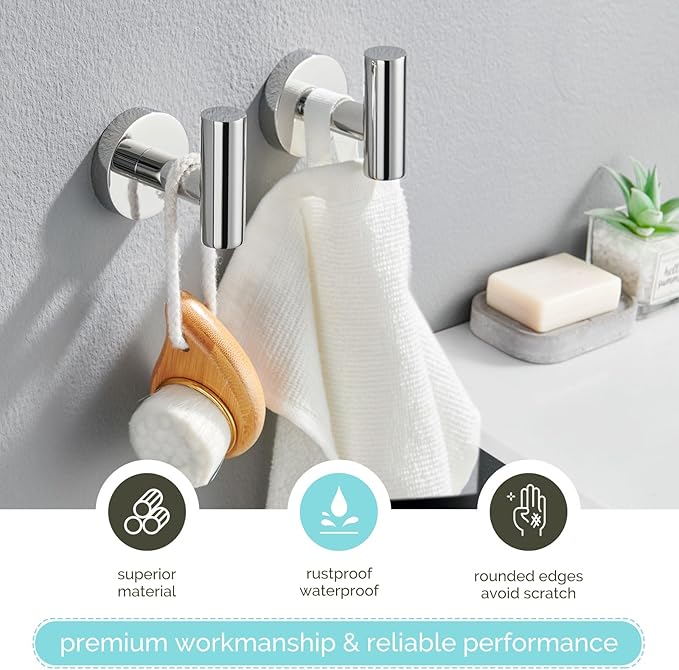 Bath Towel Hook 2 PCS, Angel Simple SUS304 Stainless Steel Kitchen Bathroom Towel Holder, Round Robe Hook Wall Mounted, Polished Chrome