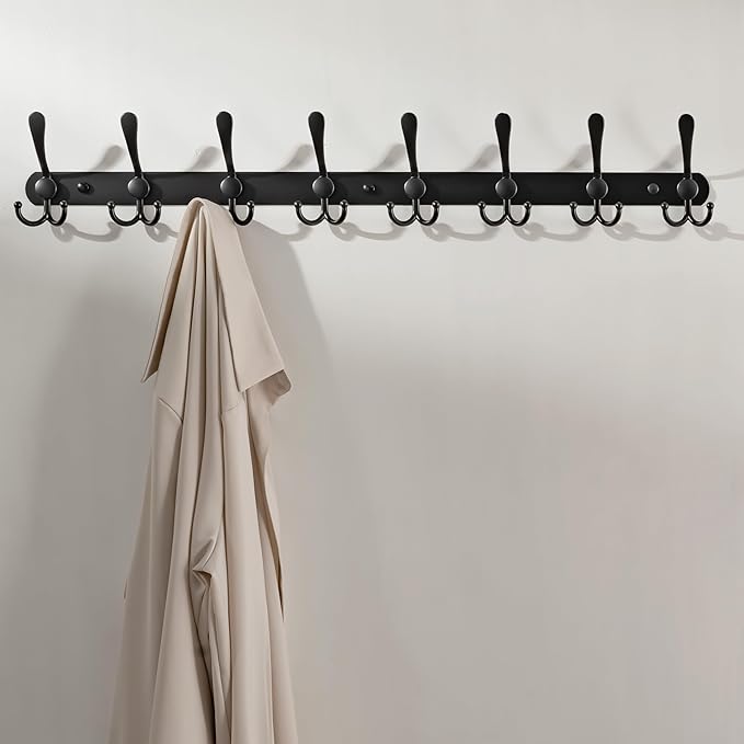 Dseap Coat Rack Wall Mount - 29.5” Long 8-Tri-Hooks Heavy Duty Coat Hanger Rail Wall Hooks for Hanging Coats Hats Clothing Clothes Purse Mudroom Entryway, Black, Pack of 2-NeatNest