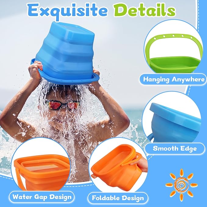 Jumbo Beach Sand Bucket Toy for Kids, 3L Collapsible Sandbox Pail, Easter Buckets, 3 Pack Multi Use Tool for Garden, Planting, Camping, Storage Fishing, Washing, Summer Holiday Travel Birthday Gifts-NeatNest