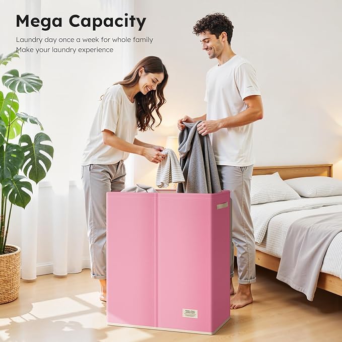 SOLEDI Large Double Laundry Hamper with Lid, Collapsible Clothes Hamper 2 section with Removable Bags, Space-Saving Laundry Basket for Bedroom, Dorm, College-NeatNest