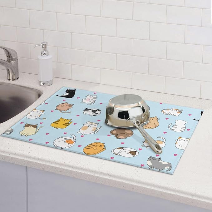 Cute Cat Dish Drying Mat 18 x 24 Inch for Kitchen Counter Cute Kitchen Mat Microfiber Kitchen Countertop Absorbent Reversible Drainer Rack Pad Dish Drying Mat-NeatNest