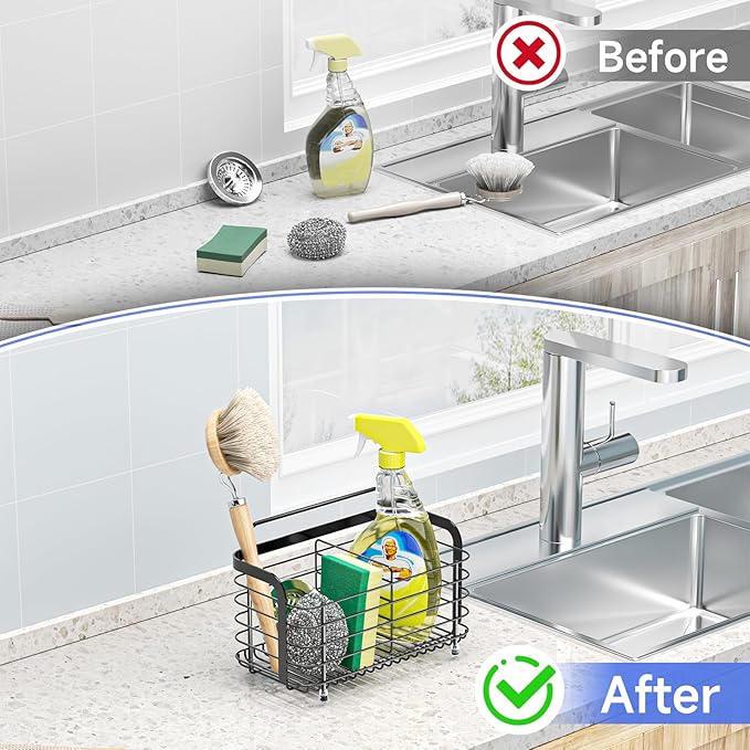 Black Kitchen Sink Caddy Organzier, Sponge Holder for Kitchen Sink, Metal High Brush Holder, Dish Sponge Holder Basket for Sponges, Scrubbers, Dish Soap Bottles Wall Mounted/Countertop-NeatNest