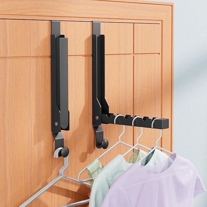 2 Packs Over The Door Drying Rack, Folding Over Door Hanger Hooks, Portable Space Saving Collapsible Coat Towel Racks for Laundry Room Bathroom Home Organization Travel Drying Storage (2Pack, Black)