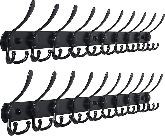 Dseap Coat Rack Wall Mount - 38” Long 10-Tri-Hooks Heavy Duty Coat Hanger Rail Wall Hooks for Hanging Coats Hats Clothing Clothes Purse Mudroom Entryway, Black, Pack of 2-NeatNest