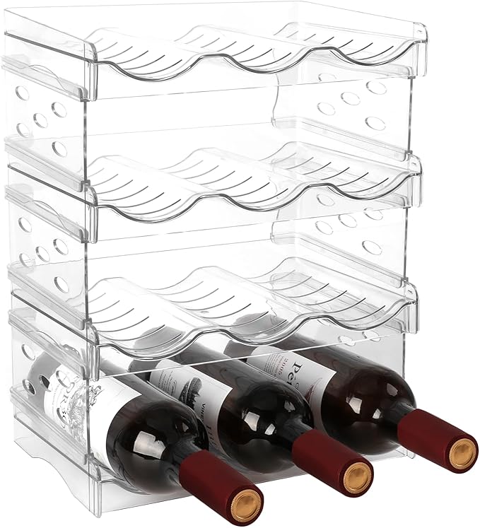EZ COZY Wine Rack, 4 Tier Water Bottle Organizer for Cabinet, Stackable Clear Wine Holder for Pantry, Refrigerator, Countertop Organization (12 Bottles)