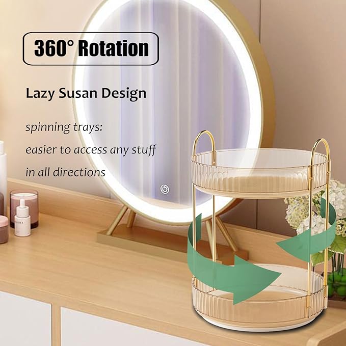 Rotating Makeup Organizer Countertop 2 Tier Lazy Susan Trays Clear Skincare Perfume Storage for Bathroom Counter Vanity, Amber Gold-NeatNest