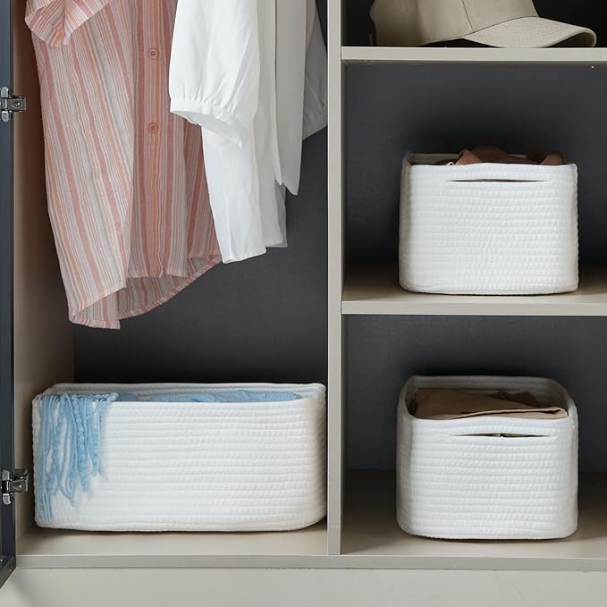 3-Pcs Shelf Baskets for Organizing, Closet Organizer Bins, Small Woven Baskets, Rope Toy Basket, Storage Basket for Shelves, Cube Decorative Box, 11.8×7.8×5.1”, White-NeatNest
