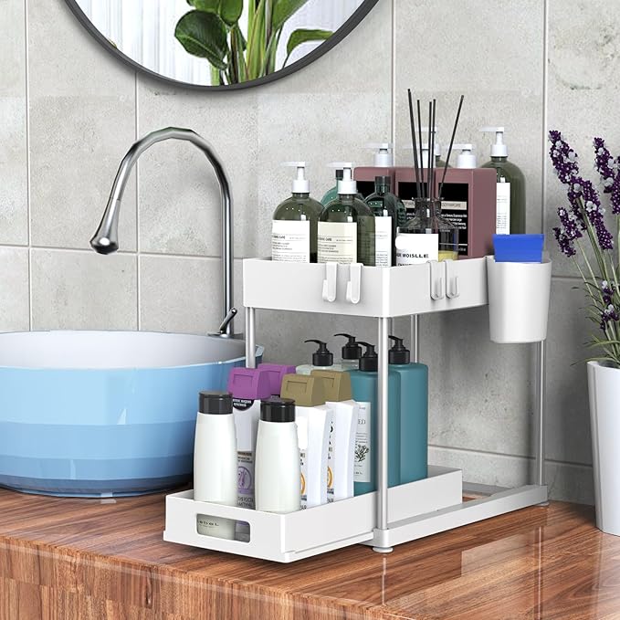Under Sink Organizers and Storage, 2 Pack Large Capacity Heavy Load Pull-out Under Sink Shelves with Sliding Drawer for Kitchen and Bathroom, White-NeatNest