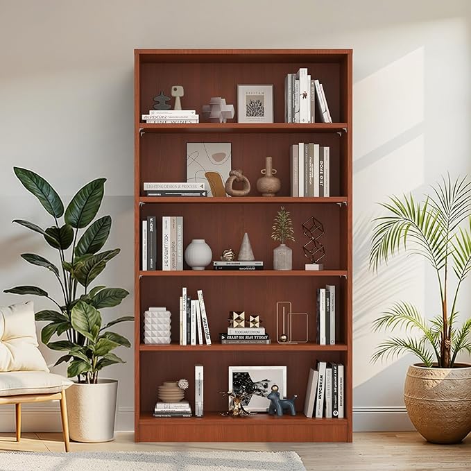 Farini 60 Inch Tall 5-Shelf Bookcase, Wood Bookshelf Storage Organizer Adjustable Shelf for Home Office, Study Room, Easy Assembly,Cherry