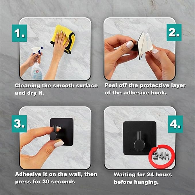 Adhesive Hooks 4 Pack Heavy Duty Stick on Wall Hooks Robe Towel Hooks Waterproof Stainless Steel Black Self Adhesive Hook for Hanging Clothes Bathroom Sticky Hooks