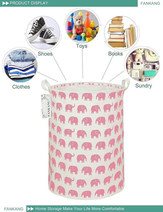 FANKANG Storage Basket, Nursery Hamper Canvas Laundry Basket Foldable with Waterproof PE Coating Large Storage Baskets for Kids Boys and Girls, Office, Bedroom, Clothes,Toys(Pink Elephant)
