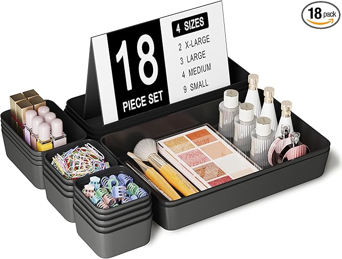 Plastic Drawer Organizers, 18 PCS Drawer Organizer Bins, Bathroom and Vanity Organizer Plastic Tray, Makeup organizer and storage for Makeup, Bedroom, Kitchen Gadgets Utensils and Office (Black)-NeatNest