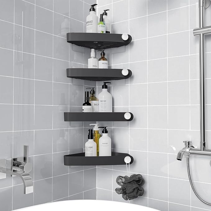 Sotfamily Shower Caddy Corner, 4 Pack Adhesive Corner Shower Shelves for Bathroom Organizers and Storage, Rust Free Plastic Rack for Bathroom Accessories & Decor, Black