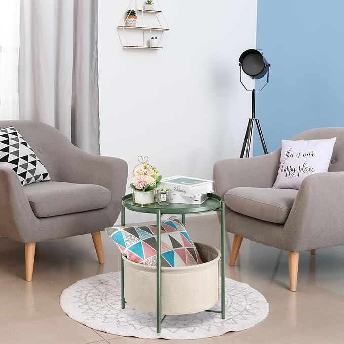 danpinera Round Side Table with Fabric Storage Basket, Metal Side Table Small Bedside Nightstand with Removable Tray for Living Room, Bedroom, Nursery, Dark Green-NeatNest