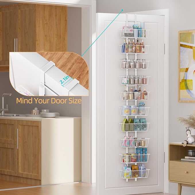 10-Tier Over the Door Pantry Organizer with Baskets Metal Over the Door Hanging Spice Rack, Over Door Organizer and Storage, Spice Rack Door Hanger Organizer for Home & Kitchen Laundry Bathroom, White