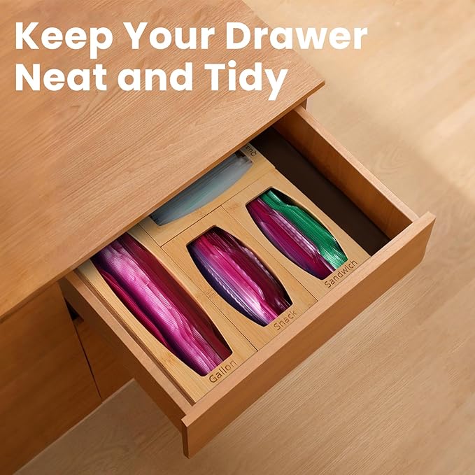 Bamboo Plastic Bag Storage Organizer for Kitchen Drawer, 4 Separate Baggie Organizer, Suitable for Gallon, Quart, Sandwich & Snack Variety Size Bag