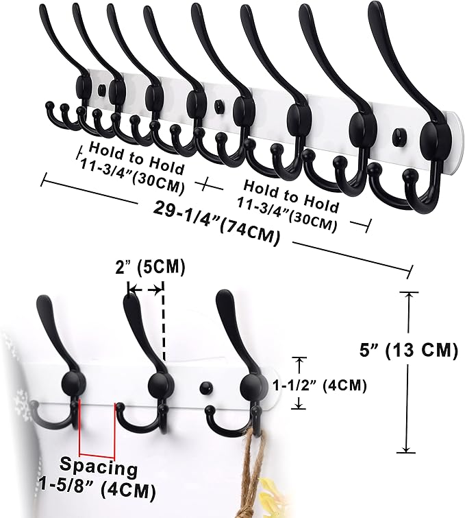 Dseap Coat Rack Wall Mount - 29.5” Long 8-Tri-Hooks Heavy Duty Coat Hanger Rail Wall Hooks for Hanging Coats Hats Clothing Clothes Purse Mudroom Entryway, White & Black-NeatNest