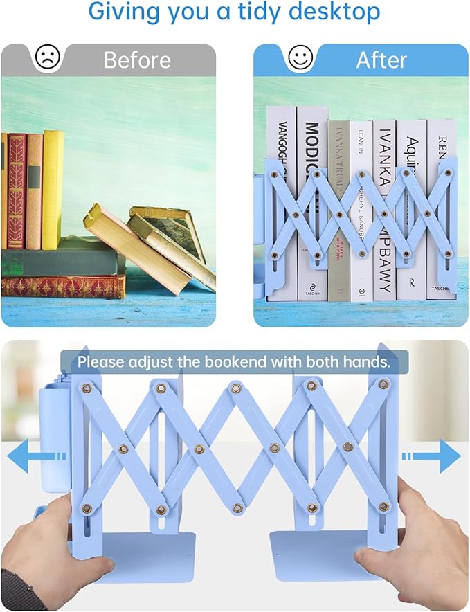 Honagu Adjustable Bookends, Metal Book Ends for Shelves Heavy Book, Desk Magazine File Organizer for Home, Office, Books, Papers with Removable Hook, Pen Holder(Light Blue)