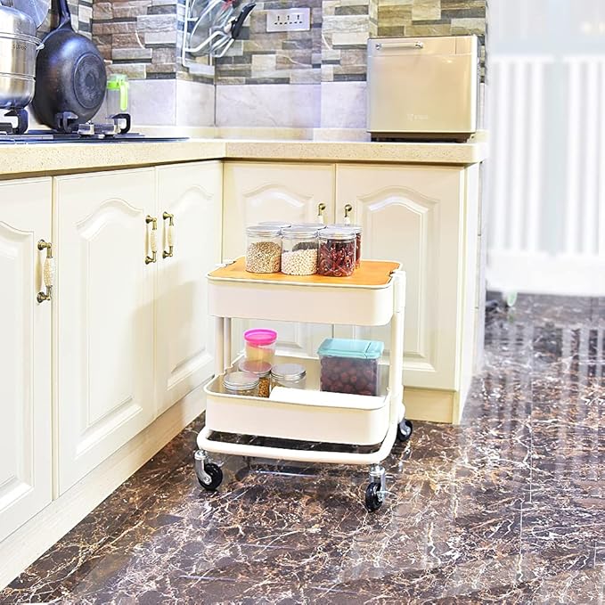 Melody House 2-Tier Metal Utility Rolling Cart Storage Side End Table with Cover Board for Office Home Kitchen Organization, Cream White