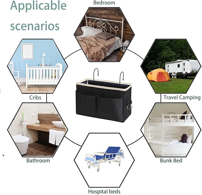 Bedside Caddy Bedside Hanging Storage Basket Multi-Function Organizer Caddy for Bunk and Hospital Beds Dorm Rooms Bed Rails, Can be Placed Glasses Books Mobile Phones(Black)-NeatNest