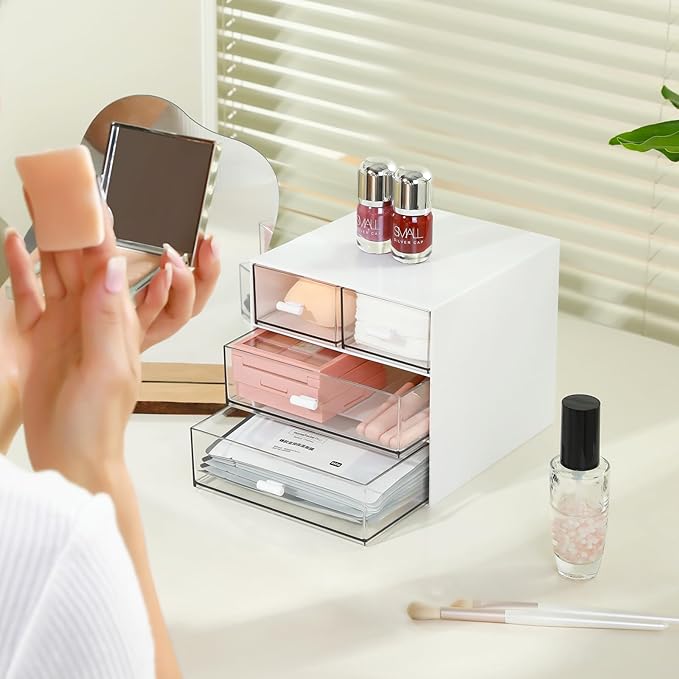 Makeup Organizer with 4 Drawers, Desk Organizer, Cosmetics Storage Box for nail polish, Lipstick, Brushes, Jewelry, Skincare, Bathroom Organization Boxes - White-NeatNest