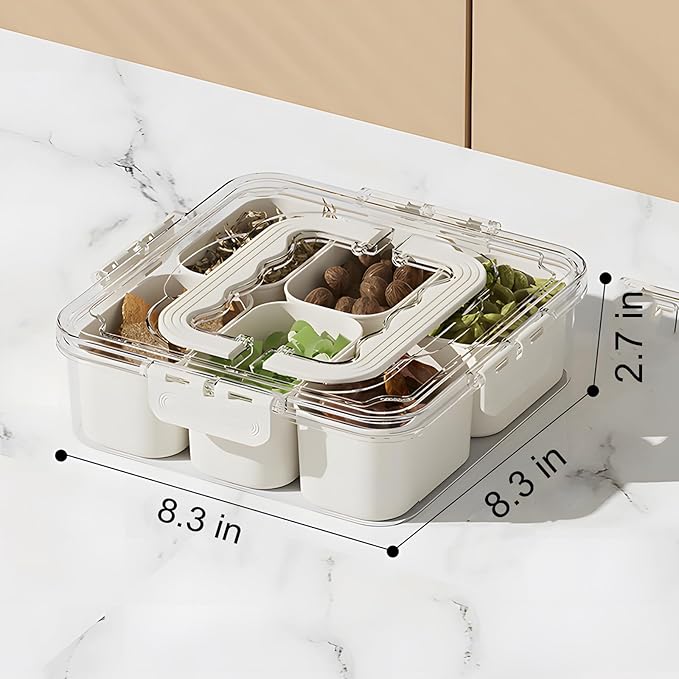Divided Veggie Tray with Lid and Handle 6 Compartment Serving Tray with Dividers Portable Travel Snack Containers Stackable Snackle Box Charcuterie Container for Fruit,Vegetable,Salad (6 Containers)-NeatNest