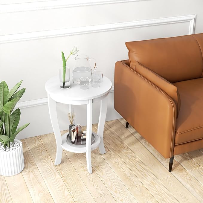 Giantex Round End Tables Set of 2, 2 Tier Side Table with Storage Shelf and Solid Wood Legs, 18" x 18" Accent Table for Corner Small Spaces, Tall Night Stand for Living Room Bedroom, White