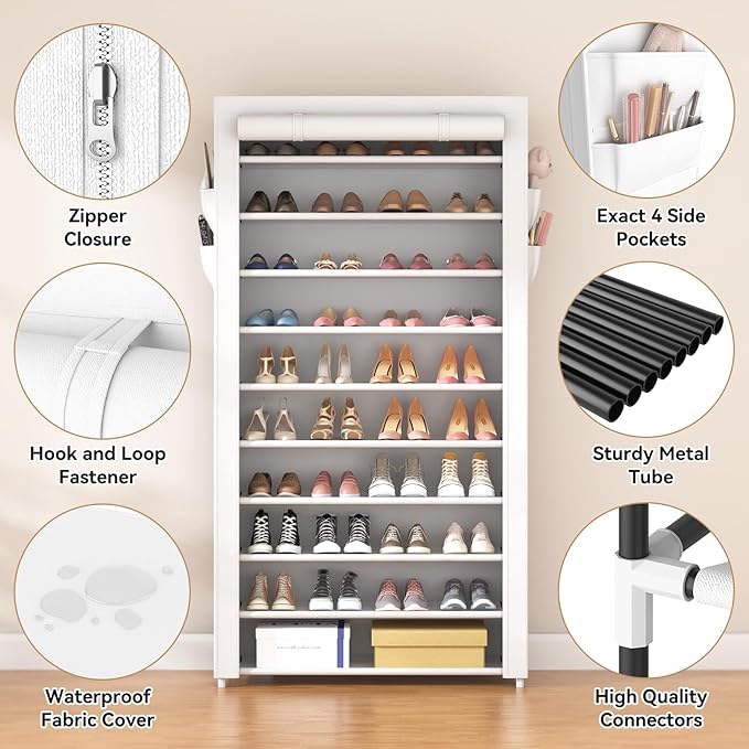 ROJASOP Shoe Rack with Covers 10 Tier Large Shoe Organizer Tall Shoe Closet Storage for 50-55 Pairs Shoe and Boot, Free Standing Shoe Rack Organizer for Closet, Entryway, Bedroom, White-NeatNest