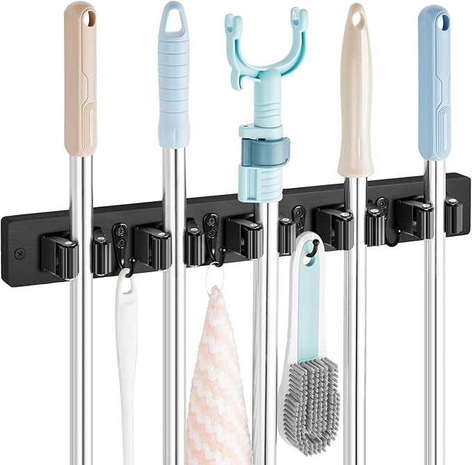 Mop and Broom Holder Wall Mount - Black Broom Mop Hanger - Wall Mounted Garden Tool Rack Organizer for Closet Garage Laundry Room Kitchen Decor With 5 Slots & 4 Hooks-NeatNest