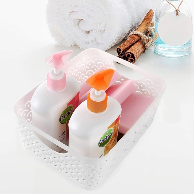 5 Pack Plastic Storage Baskets, Portable White Fish Scale Pattern Hollow Desktop Storage Bin Box with Handle for Kitchen, Bathroom, Kids Room or Nursery Storage – 9.4 x 7.1 x 4.1 inches