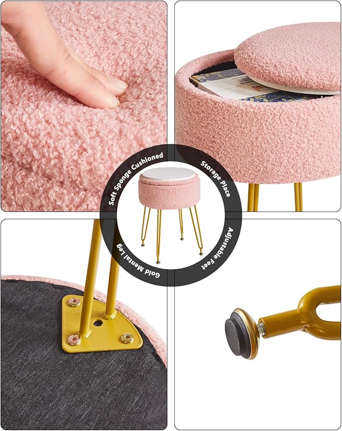 IBUYKE Teddy Velvet Storage Footrest Stool Ottoman, Makeup Vanity Stool Side Table with Removable Cover, Golden Steel Legs, Coffee Table Top Cover, Pink WBD010P