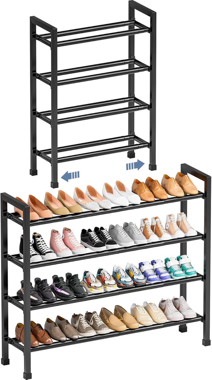 Mavivegue Expandable Shoe Rack, 4-Tier 19"-43.3" Adjustable Shoe Rack for Closet,Hall Entryway,Front Door,Garage, Sturdy Steel Space-Saving Rack, Black-NeatNest