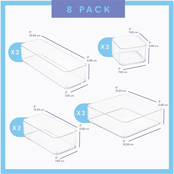 Eight Piecs. Plastic Clear Drawer Organizers for Bathroom, Kitchen, Bedroom, Office Organizer Bins, Storage Trays. Heavy Duty, Stackable 4 Sizes-NeatNest