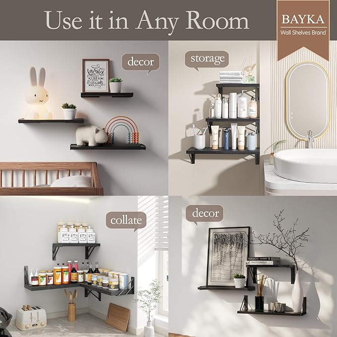 BAYKA Wall Shelves for Bedroom Decor, Floating Wall Shelves for Living Room Kitchen Storage, Wall Mounted Rustic Wood Floating Shelves for Kids Books, Corner Shelves for Bathroom, Office(Set of 3)-NeatNest