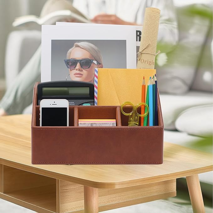 Desk Organizer, Mail Organizer Countertop, Bills Organizer, Mail Sorters, Magazine Holder, Desk Organizer and Accessories for Office Supplies, Brown Leather-NeatNest