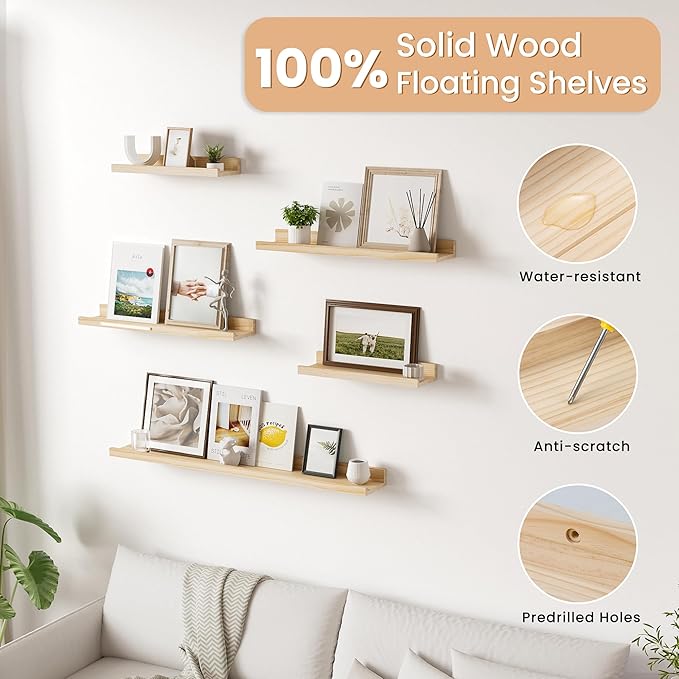Floating Shelves for Wall, 36 inch Solid Wood Picture Ledge Shelf, Picture Shelf for Wall with Ledge, Floating Book Shelves for living room Bedroom Kitchen Nursery Decor, Natural Unfinished, Set of 2-NeatNest
