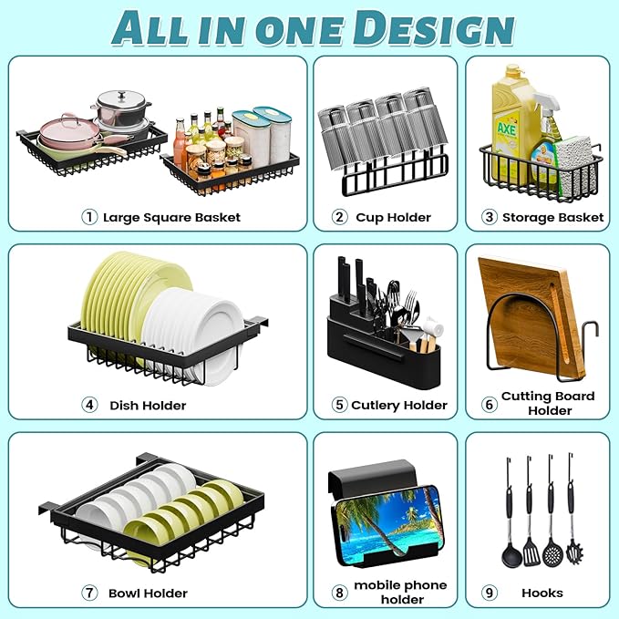 ADBIU Over The Sink Dish Drying Rack (Expandable Height and Length) Snap-On Design 2 Tier Large Dish Rack (27-37L x 12W x 32.5-37H (inches))
