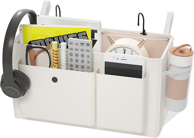 Bedside Caddy Bedside Organizer with Fixed Straps & Water Bottle Holder, Bunk Bed Caddy ideal for Home, Dorm, Hospital, Crib, Versatile Bedside Storage Solution (White)-NeatNest