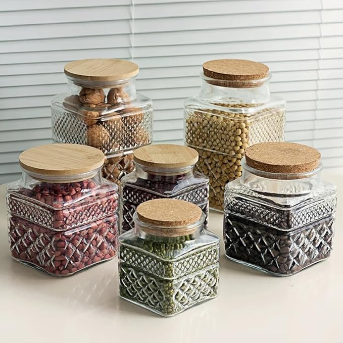 ANSQU Square Glass Jar, Candy Jar with Lid, Glass Food Storage Containers for Ground Coffee, Tea, Sugar, Decorative Mason Jar (Transparent, 20.3oz)