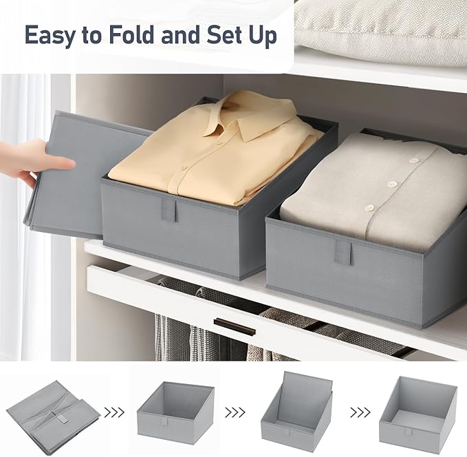 DIMJ Storage Bins for Closet, Trapezoid Storage Bins with Front Handle, Fabric Storage Baskets for Shelves, Line Closet Organizers for Toys, Boooks, Clothes, 6 Packs (Grey)-NeatNest