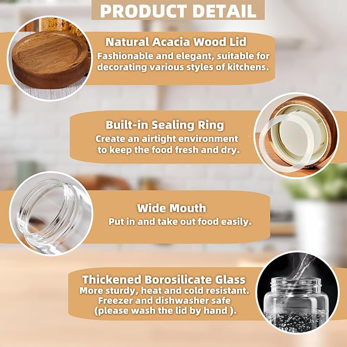 17 Fl oz/500 ml Glass Food Storage Jar, Premium Clear Glass Container Jar with Airtight Wooden Screw Lid, Kitchen Canisters for Coffee,Tea,Pasta,Cookies, Nuts,Spice,Candy,Overnight Oatmeal(Small)