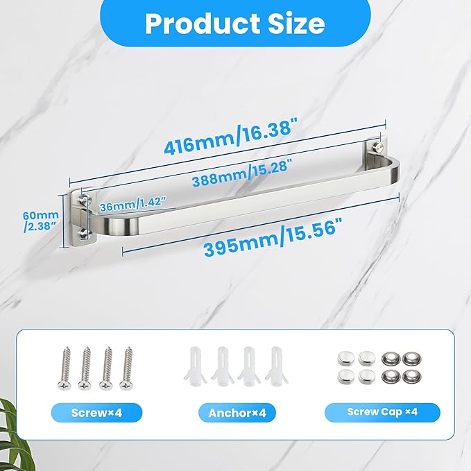 Bathroom Towel Bar, 16 inch Towel Racks for Bathroom Wall Mounted, SUS304 Stainless Steel Heavy Duty Towel Holder Bathroom Accessories Modern Home Decor, Brushed Finished