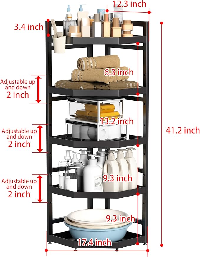 5 Tier Standing Corner Shower Caddy,Waterproof and Rust Proof,Adjustable Height,Multi-functional Tiered Storage for Shower Gel,Shampoo,Cosmetics,Kitchen Supplies,Black