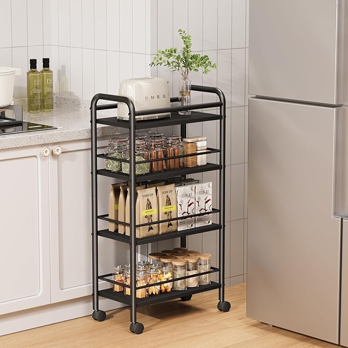 Slim Storage Cart, 4 Tier Small Rolling Bathroom cart Metal and Wood Skinny Utility Cart on Wheels for Narrow Kitchen Laundry Room Black