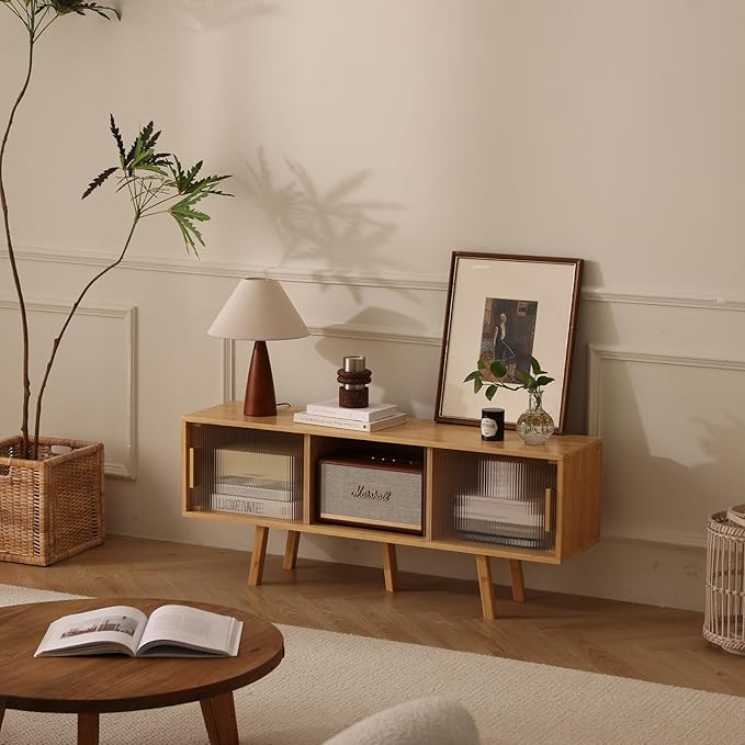Bamboo TV Stand Entertainment Center- Mid-Century Modern Television Stand for 50 inch TVs, Bamboo Media Console Table, Open Storage Shelves for Living Room, Bedroom and Home Decor-NeatNest